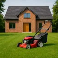 Ein Rasenmäher vorm Haus. Symbolbild.