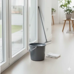 Fensterreinigungs-Material steht vor einem Fenster. Symbolbild.