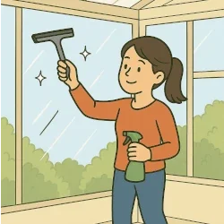 Eine Frau putzt die Fenster in einem Wintergarten. Symbolbild.