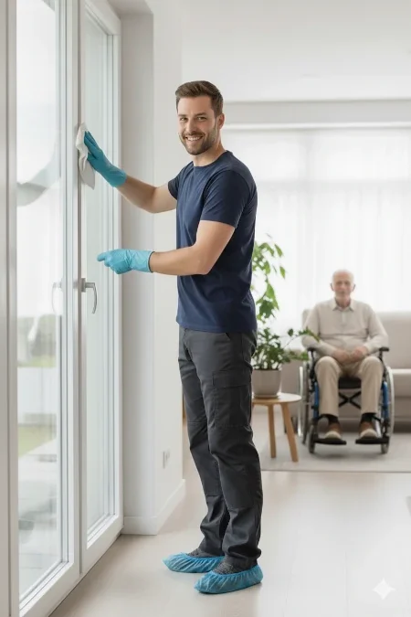 Ein Mann putzt Fenster, im Hintergrund sitzt ein älterer Mann im Rollstuhl. Symbolbild.