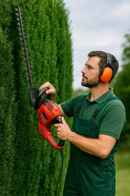 Ein Man mit elektrischer Heckenschere. Symbolbild.