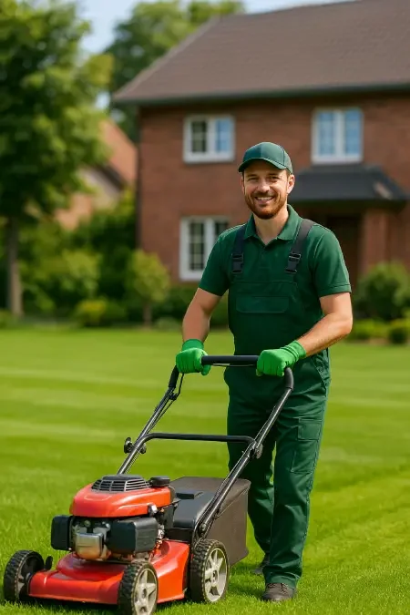 Ein Man, der grünen Rasen vor einem Haus mäht. Symbolbild.