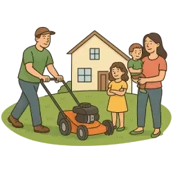 Eine Familie am grünen Rasen vor einem Haus. Symbolbild.