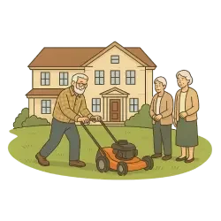 Ein äteres Paar am grünen Rasen vor einem Haus. Symbolbild.