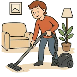 Ein Mann saugt Staub in einem Wohnzimmer. Symbolbild